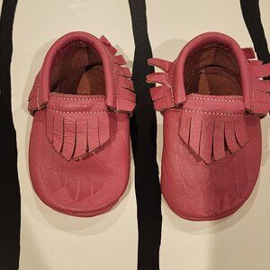Pink Leather Baby Moccasins with Fringe - Size 0-6M